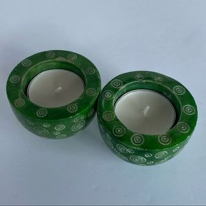Soapstone Votive Candle Holders 2 Kelly Green Carved Round Etched swirled EUC